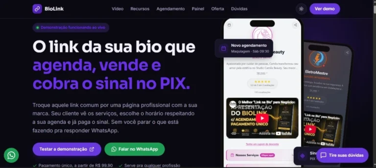O link da sua bio que agenda, vende e cobra o sinal no PIX.